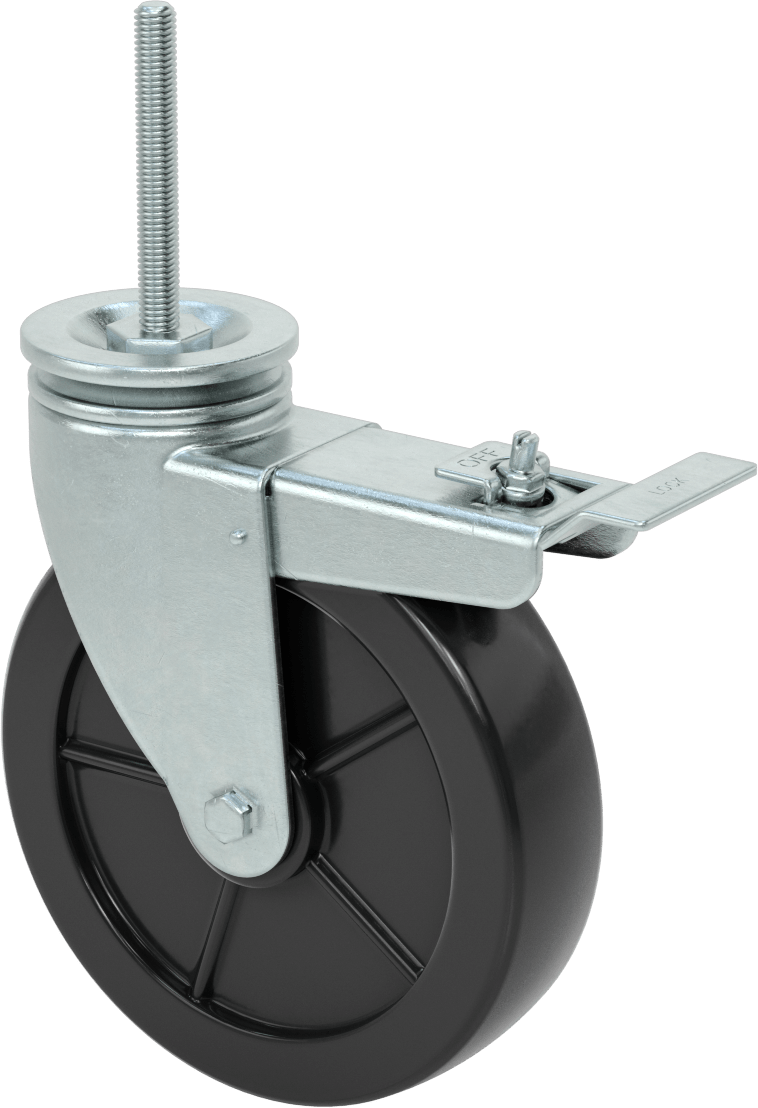 4 inç Uzunluğunda Dişli Saplı Döner Tekerlek, 1/2“-13 Diş ve 8” Çaplı Poliüretan Tekerlek, Total Lock