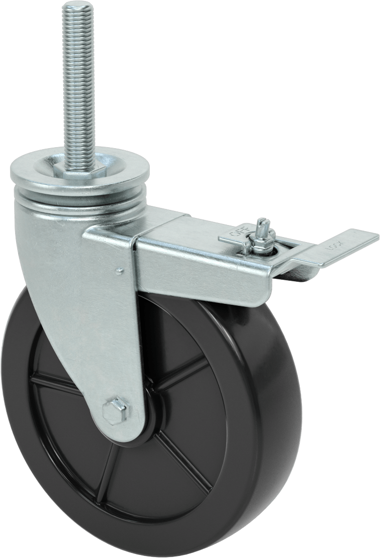 4 inç Uzunluğunda Dişli Saplı Döner Tekerlek, 3/4“-10 Diş ve 8” Çaplı Poliüretan Tekerlek, Total Lock