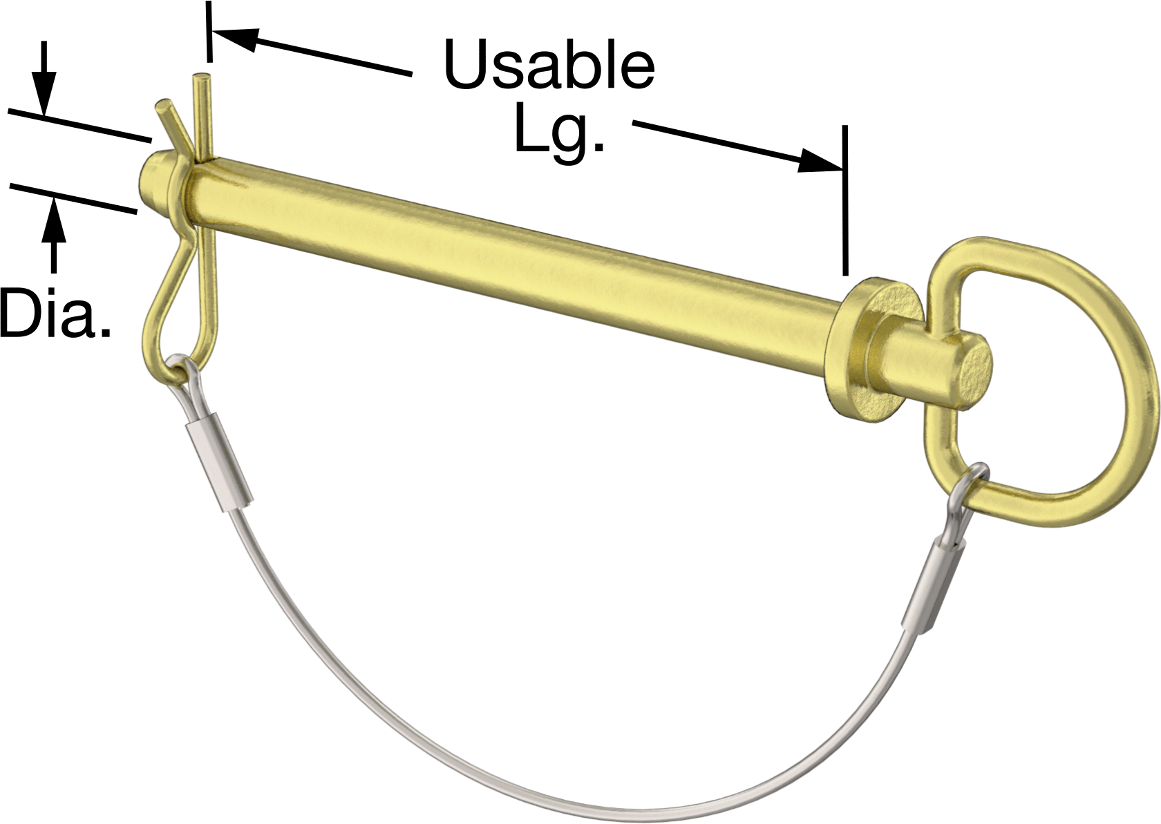 Çatal Pimli Bağlı Döngü Tutucu Çatal Pimi, 1541 Karbon Çelik, 3/8" Çap, 4" Kullanılabilir Uzunluk