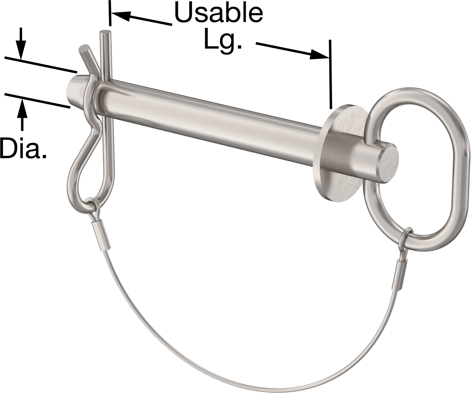 Çatal Pimli Bağlı Döngü Tutucu Çatal Pimi, 17-4 PH Paslanmaz Çelik, 5/8" Çap, 4-1/2" Kullanılabilir Uzunluk