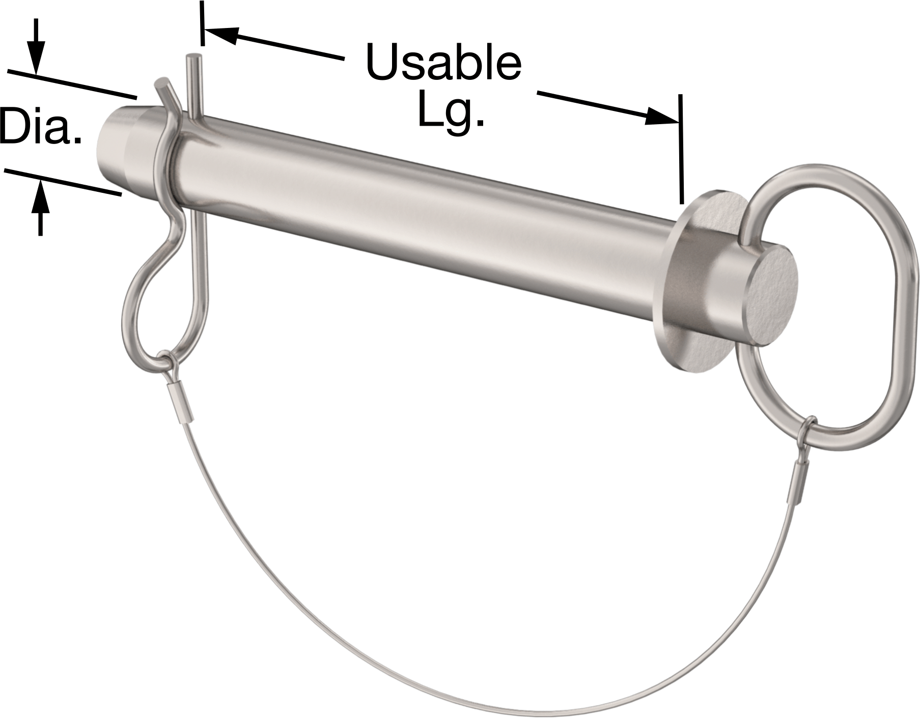 Çatal Pimli Bağlı Döngü Tutucu Çatal Pimi, 17-4 PH Paslanmaz Çelik, 1-1/8" Çap, 7" Kullanılabilir Uzunluk