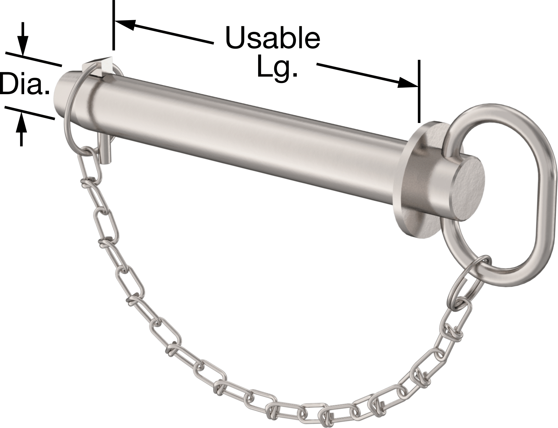Linch Pimli Bağlı Döngü Tutucu Çatal Pim, 17-4 PH Paslanmaz Çelik, 1-1/8" Çap, 7" Kullanılabilir Uzunluk