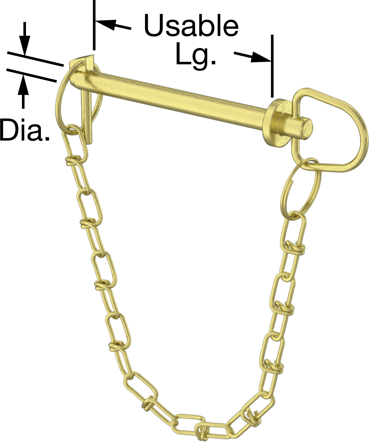 Linch Pimli Bağlı Döngü Tutucu Çatal Pim, 1541 Karbon Çelik, 3/8" Çap, 4" Kullanılabilir Uzunluk