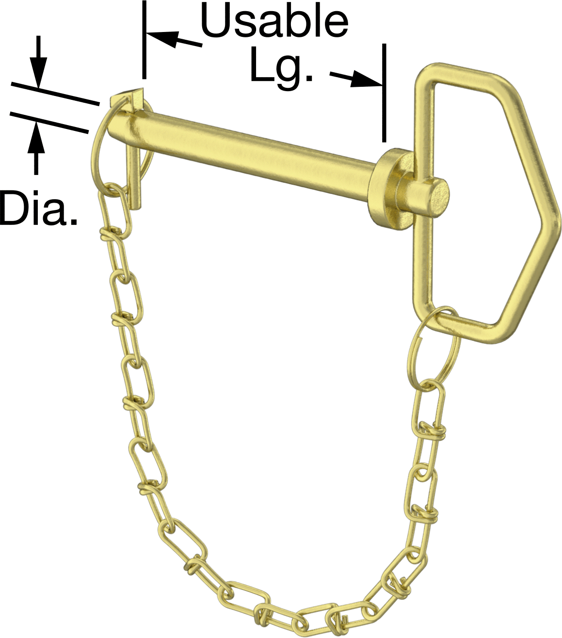 Linch Pimli Bağlı Döngü Tutucu Çatal Pim, 1541 Karbon Çelik, 1/2" Çap, 4" Kullanılabilir Uzunluk