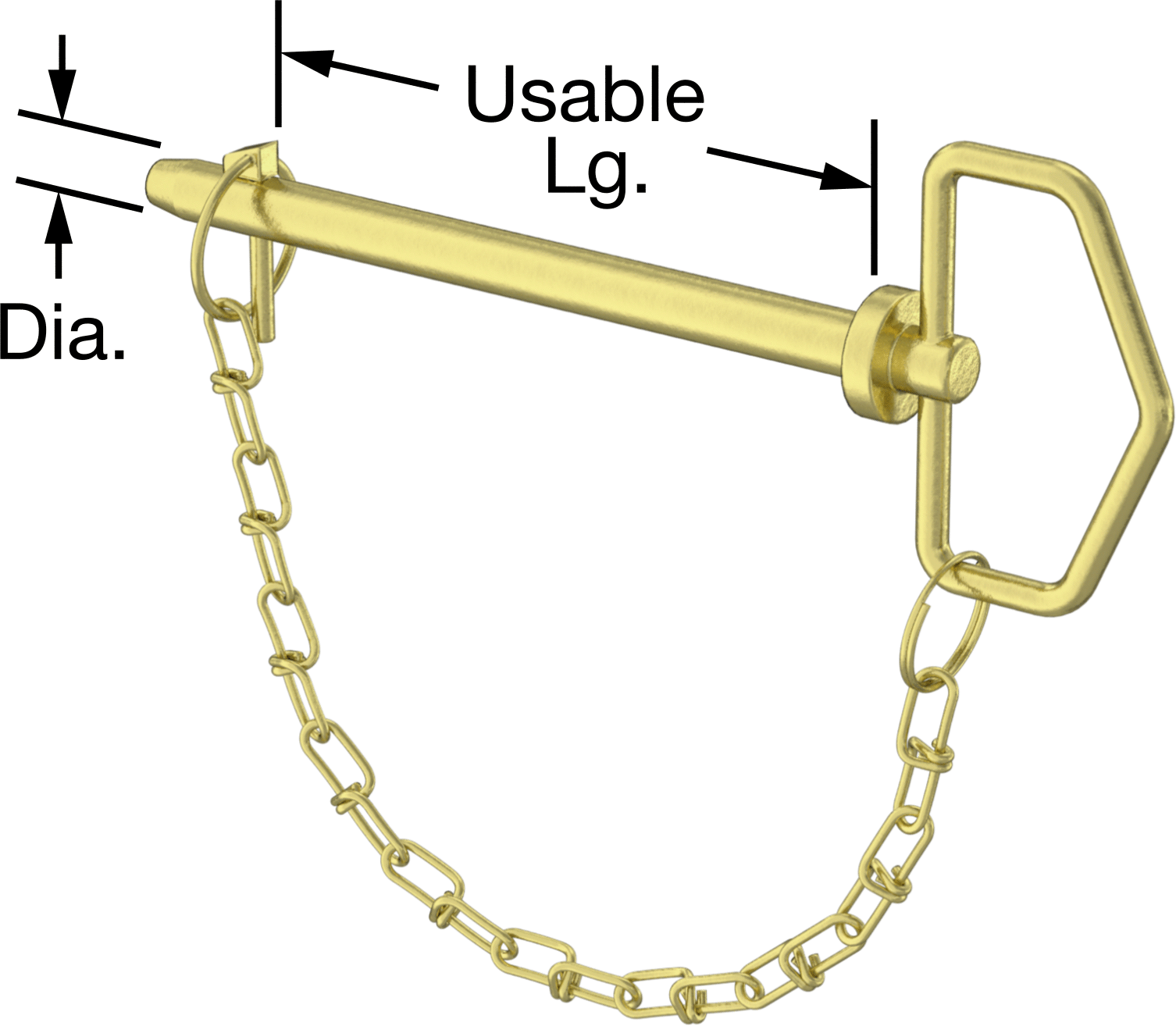 Linch Pimli Bağlı Döngü Tutucu Çatal Pim, 1541 Karbon Çelik, 1/2" Çap, 5-3/4" Kullanılabilir Uzunluk