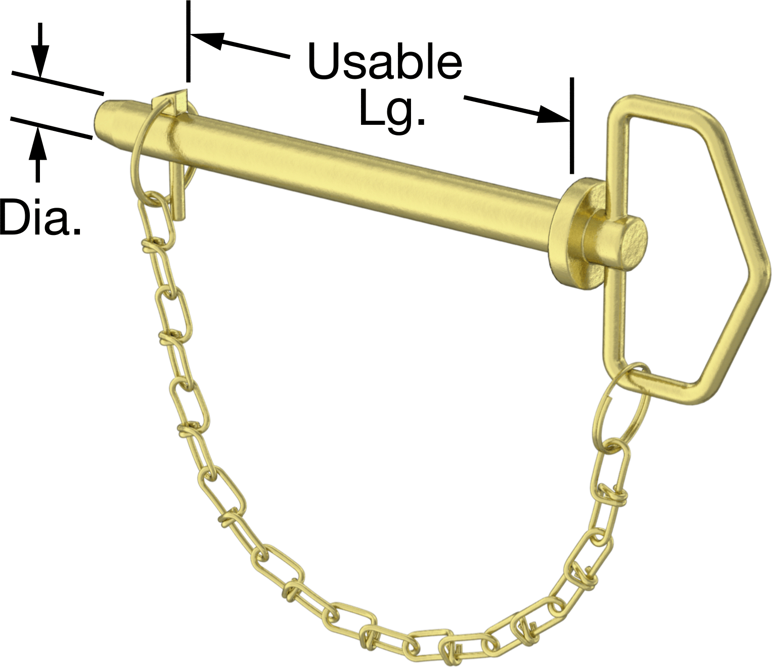 Linch Pimli Bağlı Döngü Tutucu Çatal Pim, 1541 Karbon Çelik, 5/8" Çap, 5-3/4" Kullanılabilir Uzunluk