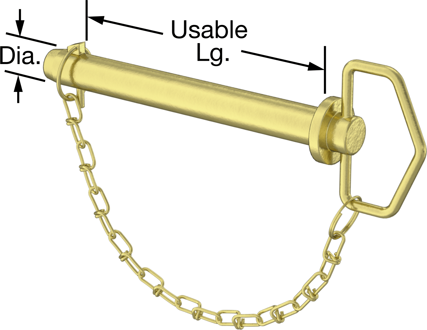 Linch Pimli Bağlı Döngü Tutucu Çatal Pim, 1541 Karbon Çelik, 7/8" Çap, 7" Kullanılabilir Uzunluk