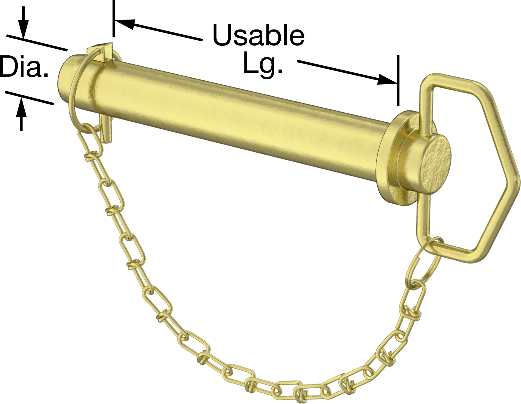 Linch Pimli Bağlı Döngü Tutucu Çatal Pim, 1541 Karbon Çelik, 1-1/8" Çap, 7" Kullanılabilir Uzunluk
