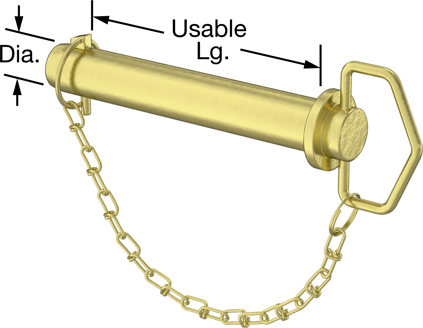 Linch Pimli Bağlı Döngü Tutucu Çatal Pim, 1541 Karbon Çelik, 1-1/4" Çap, 7" Kullanılabilir Uzunluk