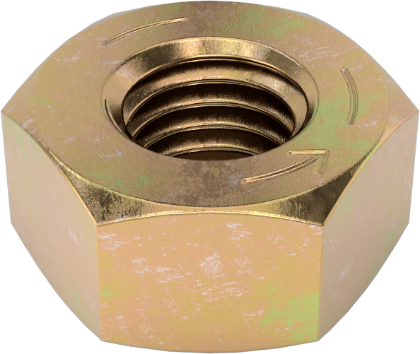 Yüksek Mukavemetli Çelik Sol Dişli Altıgen Somun, Sınıf 8, Sarı Kromat Kaplamalı Çinko, 1/4"-28 Diş Boyutu